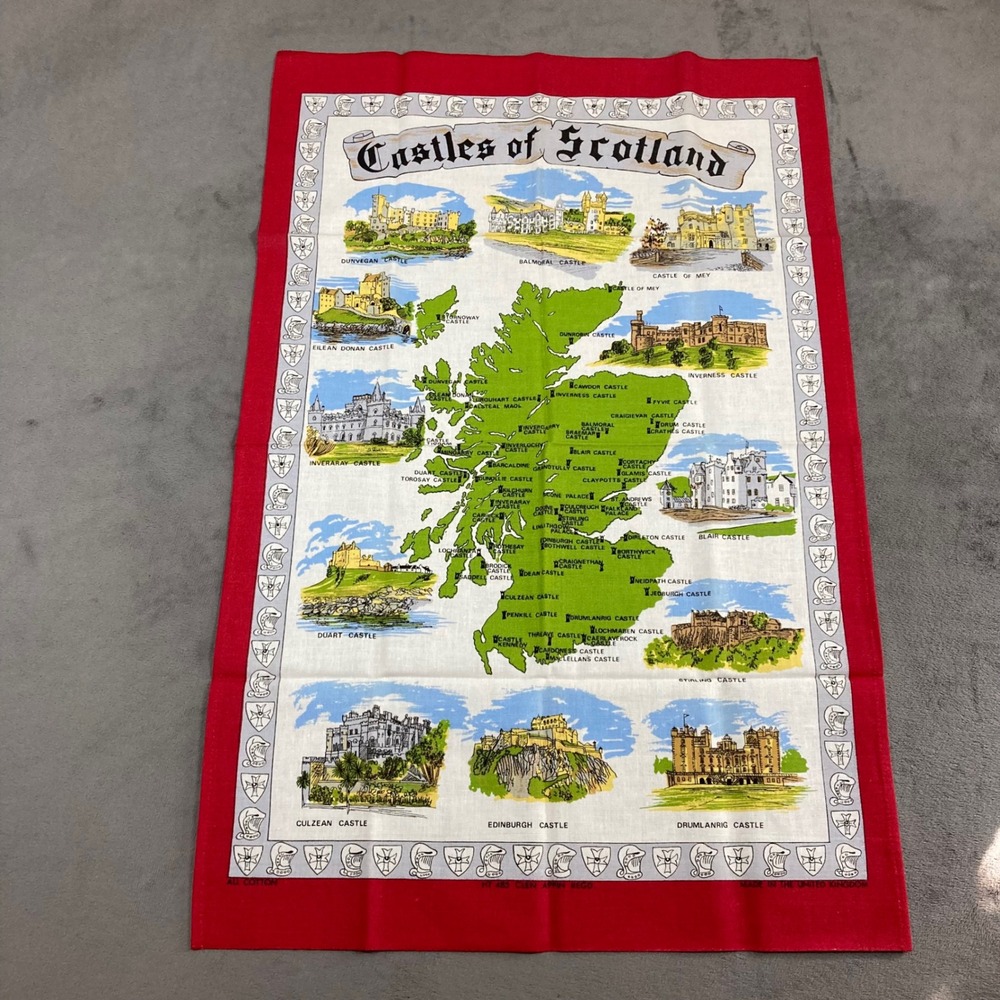 Vintage Glen Appin Castles of Scotland Cotton Tea Towel Red Border Map UK Made